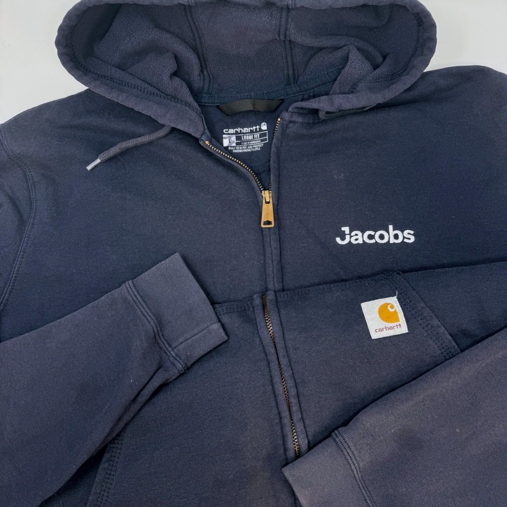 Carhartt K122 Mens Navy Blue Loose Fit Full Zip Hooded Sweatshirt Large Jacobs